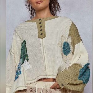POL Patchwork Knit Sweater - Cream and Olive NWOT